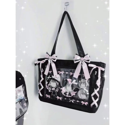 New Ribbon Cute Handbag for Women Large Capacity Transparent DIY Badge One-shoulder Tote Bag Japanese Sweet Girl Ulzzang Ita Bag
