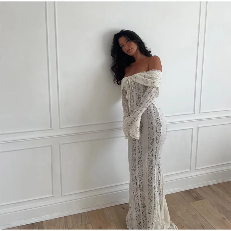 White Sexy Lace Flare Sleeve Dress Off Shoulder Slim Maxi Dresses Women 2024 Female Hollow Out Mermaid Floor Length Elegant Robe