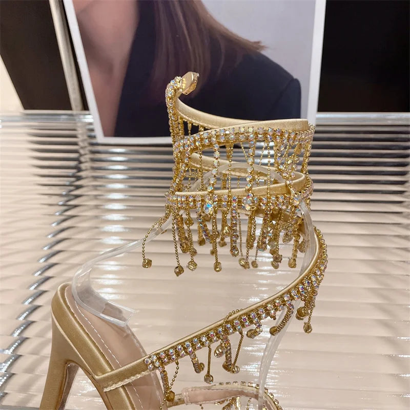 Liyke Elegant Women Wedding Banquet Shoes Fashion Crystal Tassel Twining Stiletto Sandals Sexy Open Toe Stripper Heels Golden