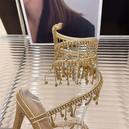 Liyke Elegant Women Wedding Banquet Shoes Fashion Crystal Tassel Twining Stiletto Sandals Sexy Open Toe Stripper Heels Golden
