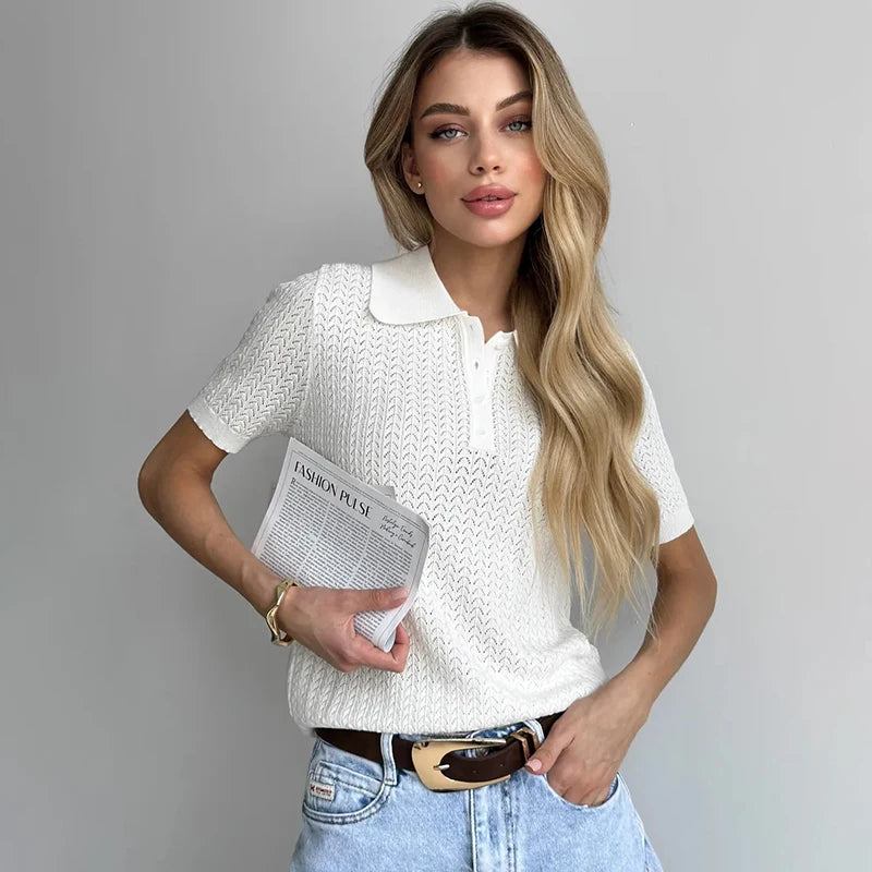 Typhaland Hollow Knitted T shirt Woman 2026 Summer New Short Sleeve Casual Loose Lapel Ins Hot Tops Lady Sweater T shirt Solid