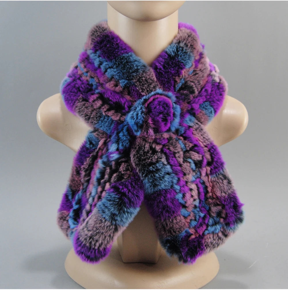 Hot Russian Women Knit Real Rex Rabbit Fur Scarf Lady Fashion Floral Rex Rabbit Fur Mufflers Hot Winter Warm Natural Fur Scarves