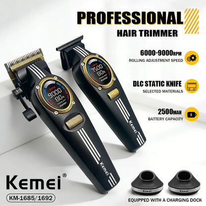 Kemei Trimmer Professional Hair Clippers Rechargeable Clippers 9000 RPM DLC Blade LCD Display Trimmer for Men KM-1685 KM-1692
