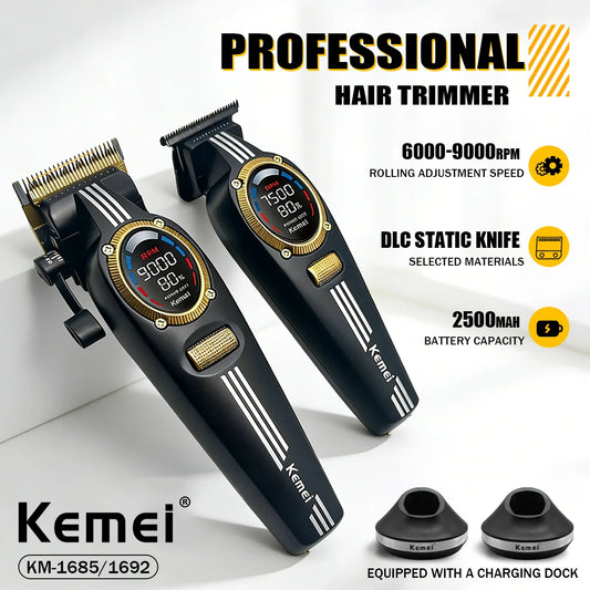 Kemei Trimmer Professional Hair Clippers Rechargeable Clippers 9000 RPM DLC Blade LCD Display Trimmer for Men KM-1685 KM-1692
