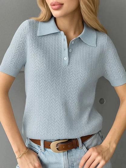 Typhaland Hollow Knitted T shirt Woman 2026 Summer New Short Sleeve Casual Loose Lapel Ins Hot Tops Lady Sweater T shirt Solid