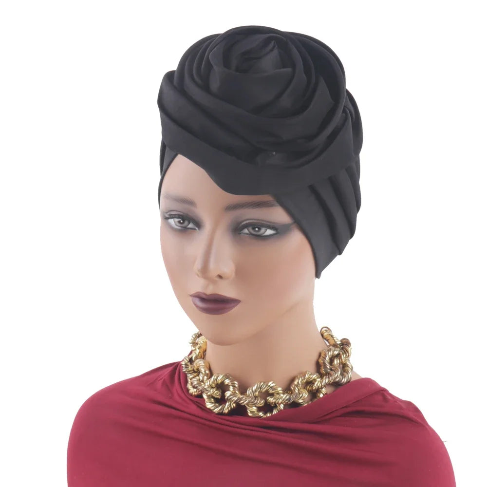 Raw Silk Big Rose Flower African Turban Caps for Women Headwear Head Wraps Nigerian Wedding Geles Party Headgear Bonnet