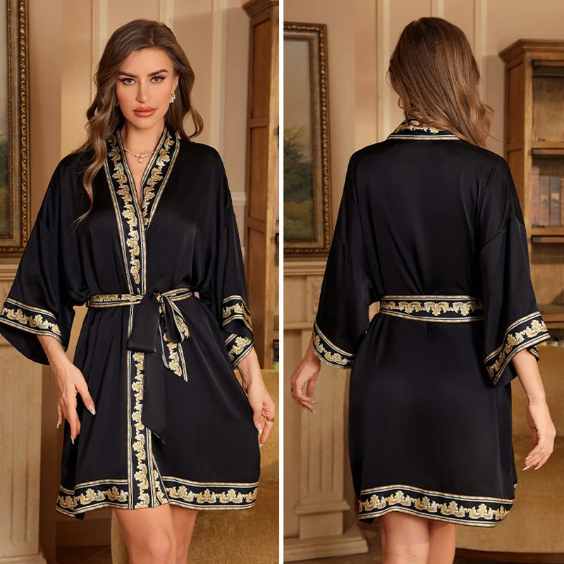 Navy Blue Print Flower Robe Nightgown Silk Satin Female Sleepwear Nightdress Spring Summer Loose Kimono Bathrobe Gown Home Wear