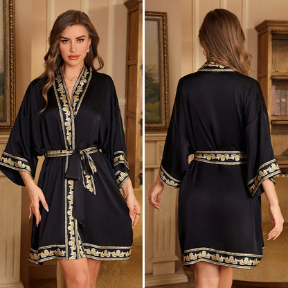 Navy Blue Print Flower Robe Nightgown Silk Satin Female Sleepwear Nightdress Spring Summer Loose Kimono Bathrobe Gown Home Wear