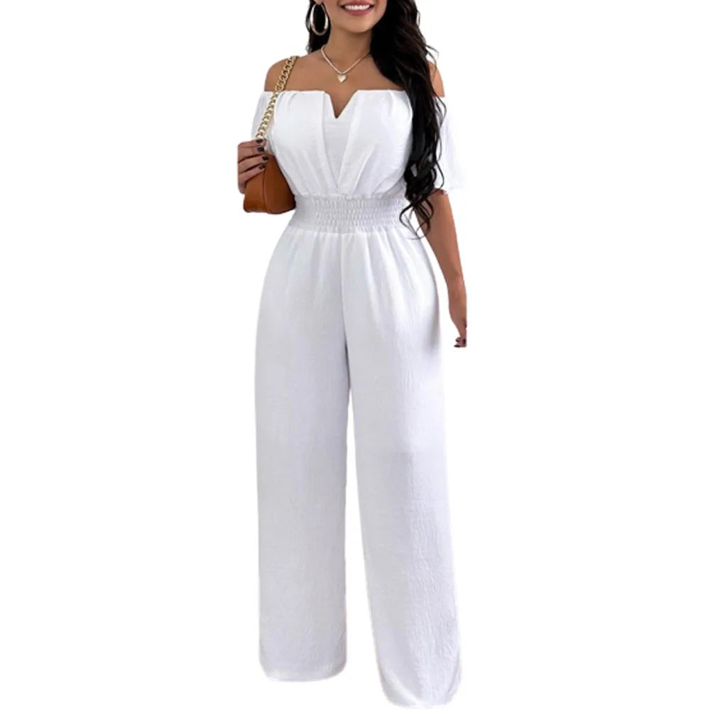Summer New Women Sexy One Line Shoulder Solid Color Short Sleeve Jumpsuit Slim Elastic Waist Loose Straight Female Long Jumpsuit