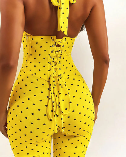 FAGADOER Sexy Polka Dot Print Bodycon Jumpsuits Woman Halter Deep V-neck Backless Rompers Female Streetwear Overalls 2026 New