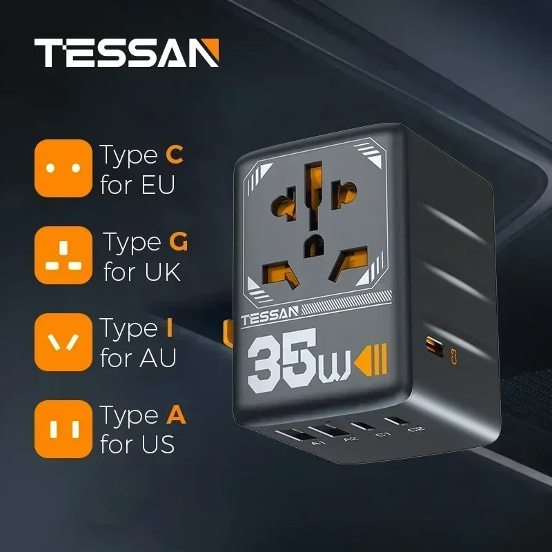 TESSAN 100W GaN Universal Travel Adapter with USB &Type C Fast Charging International Plug Adapter EU/UK/USA/AUS Plug for Travel