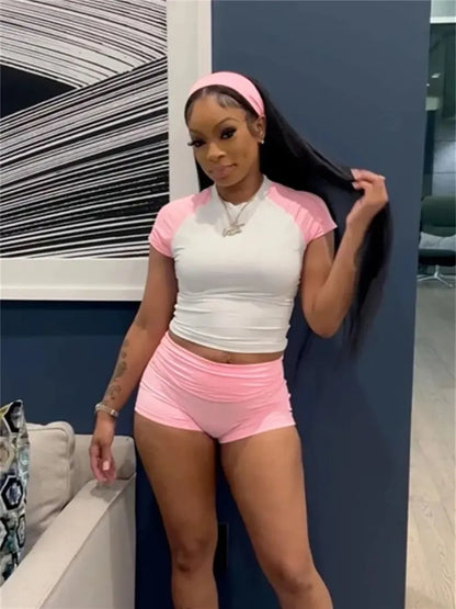 Leosoxs Sporty Patchwork 3 Piece Set Women Casual Summer Headband+Crop Top+High Waist Bike Shorts Street Matching Tracksuit