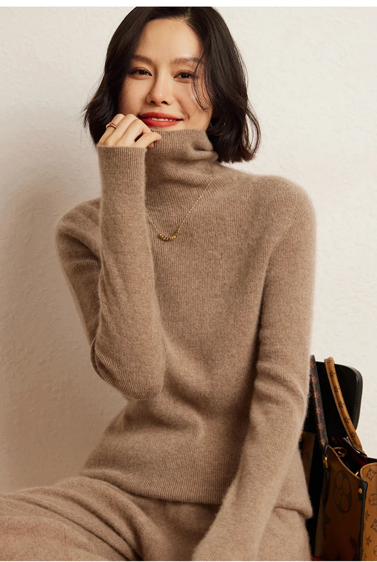 100% cashmere sweater women's knitted pullover sweater high neck solid color slim fit soft cashmere basic women's sweater