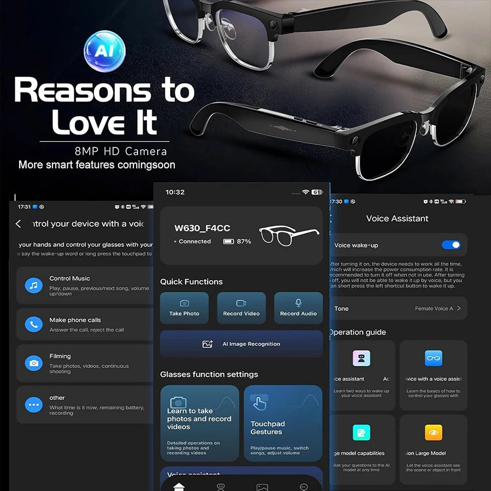 2026 New 4K HD 800W Pixel Dual-Camera Smart Glasses Men 1080P Video Recording AI Chat WIFI Transmission Translation Call Glasses