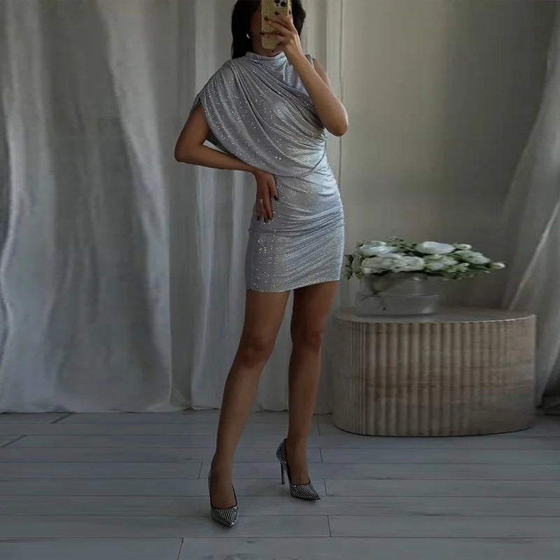Chic Sequin V-neck Dress Women Sexy Sleeveless Pleated Waist-cinched Empire Dresses Elegant Party Spring New Lady Gown 2026