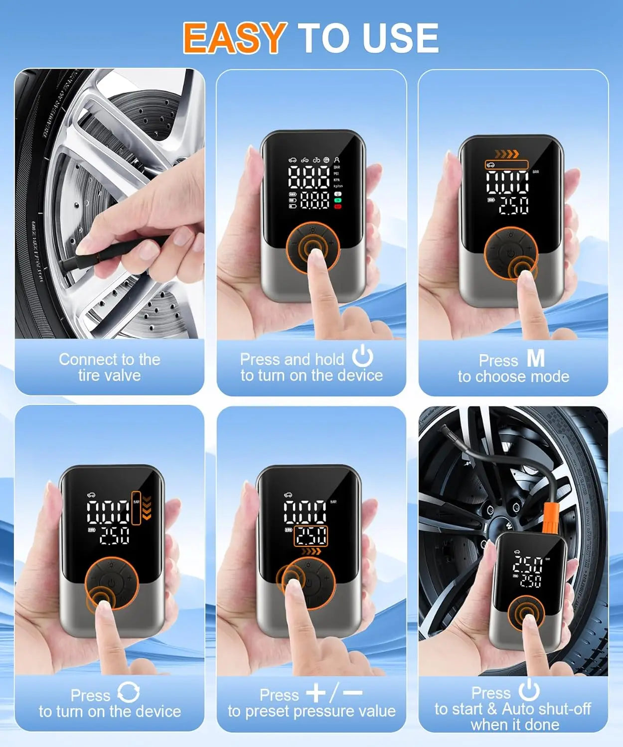 150 PSI Cordless Tire Inflator, Mini Portable Air Compressor with Digital Display & LED Light for Car Motorcycle Bicycle Balls