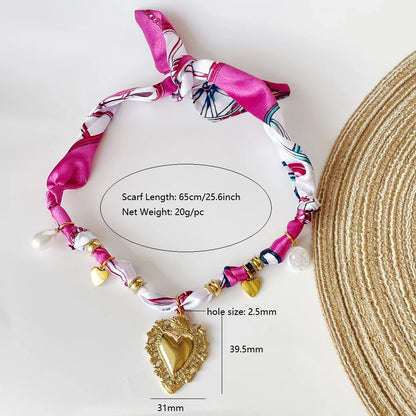 Women’s Fashion Scarf Necklace with Large Stainless Steel Heart Pendant Stackable Bandana Jewelry