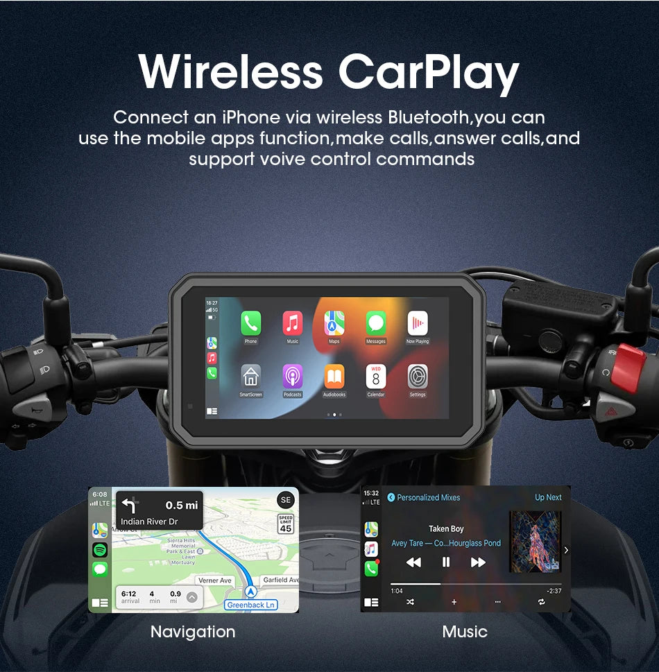 JMCQ Portable 6.25 inch Motorcycle GPS Navigation IPX7 Waterproof Wireless CarPlay Android Auto Drive Recorder Support 4K DVR