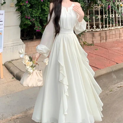 Off Shoulder Dresses for Women Long Sleeve Thin Spring Summer A-line Elegant Ins Girls Casual Solid Minimalist Fitness Beauty