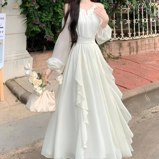 Off Shoulder Dresses for Women Long Sleeve Thin Spring Summer A-line Elegant Ins Girls Casual Solid Minimalist Fitness Beauty