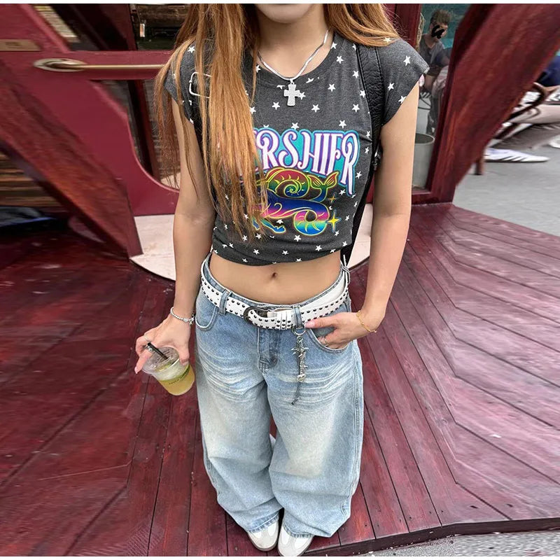Women's Jeans Vintage Printed High Waist Zipper Pockets Straight Leg Trousers Female 2026 Spring Fashion Woman Clothes Outwears