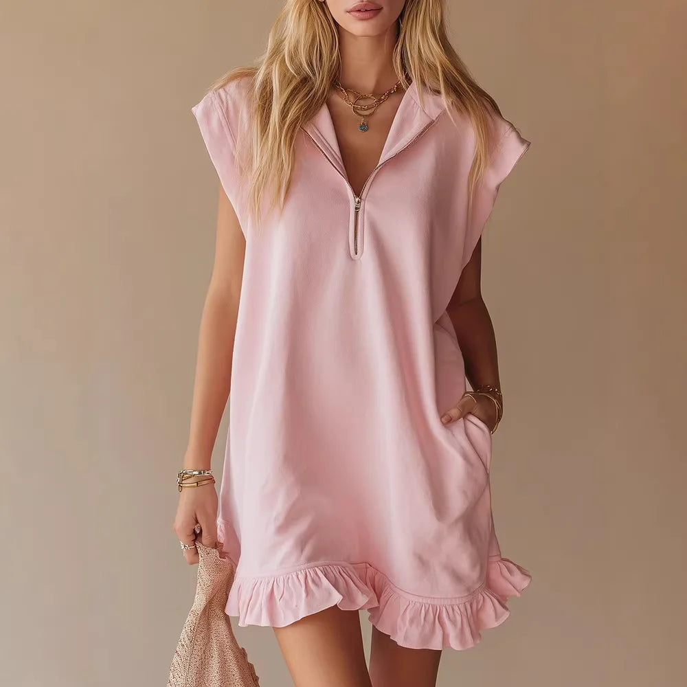 Spring Summer New Sleeveless Pocket Dress Zipper V-neck Ruffled A-line Skirt For Women Fashion Elegant Casual  Holiday Dresses