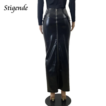 Stigende Women Sexy Pu Leather Full Zipper Long Skirt High Split Black Faux Leather Slim Fit Maxi Skirt