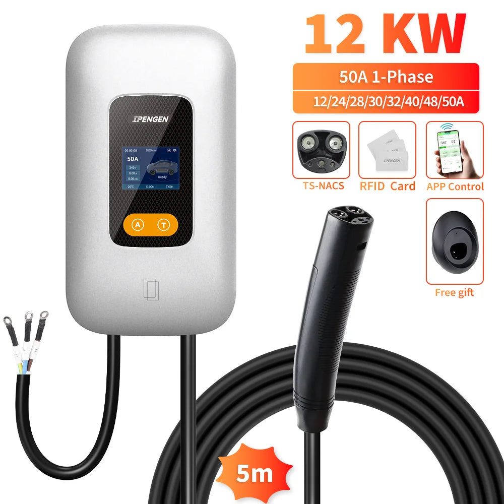 IPENGEN EV Charging Station 32A 7KW TS-NACS Charger Plug for Tesla Car Charger EVSE Wallbox 9.6KW 12KW Fast Charging APP Control