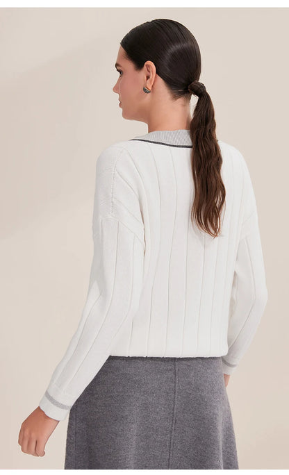 BY4521246 Women's Luxurious V-Neck Long Sleeve Sweater 100% Cotton Casual Knitted Pullover Fall Winter 2025