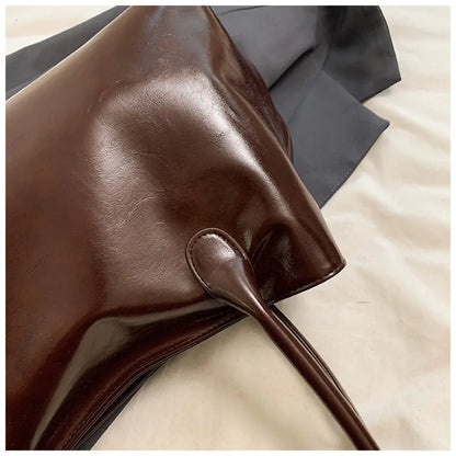 Women's Vintage Glossy Oil Wax Leather Tote Bag Buckle Casual Shoulder Handbag Elegant Work Bag for Daily Commute Top-handle Sac