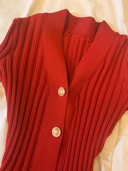 Elegant Vintage V-neck Red Dresses Y2k Slim Fit Knitted Dress for Women Spring Autumn New Long Sleeve Vestidos De Mujer