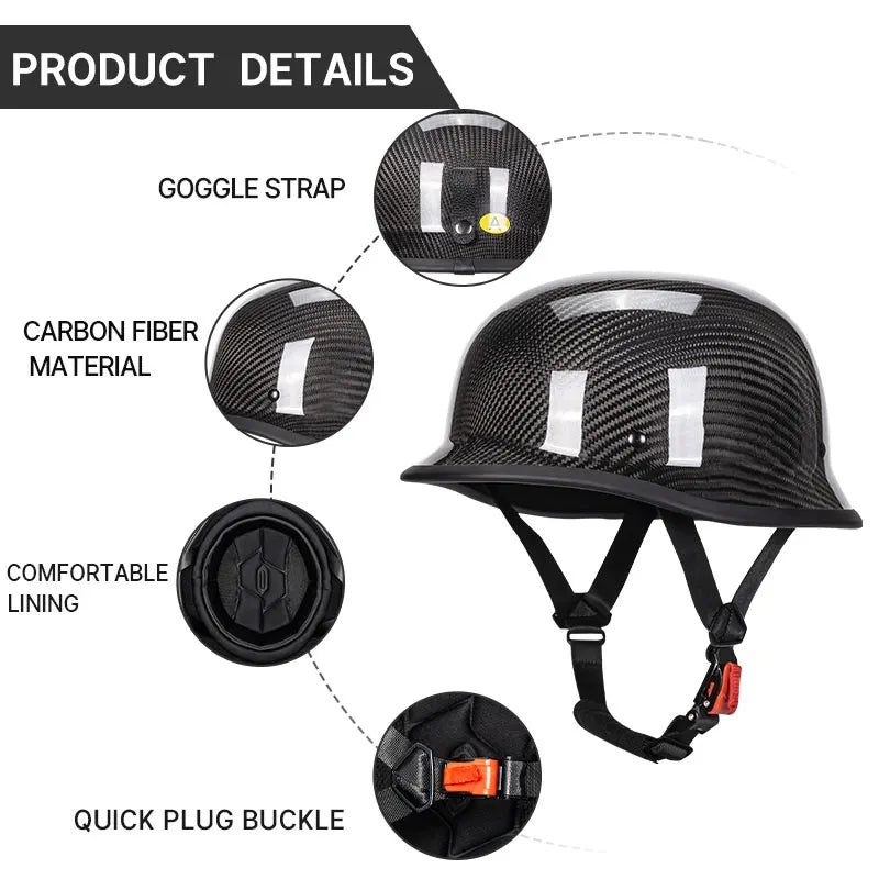 Bright Black Real 3K Carbon Fiber Helmet Retro Men's Motorcycle Helmet German Style Soldier Helmet Retro Cruiser DOT ECE