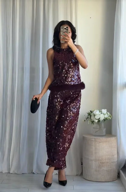 Chic Sequin Sleeveless Top Pants Set Women Faux Fur Patchwork Tops High Waist Straight Trousers Sets Lady Party Street Outfits