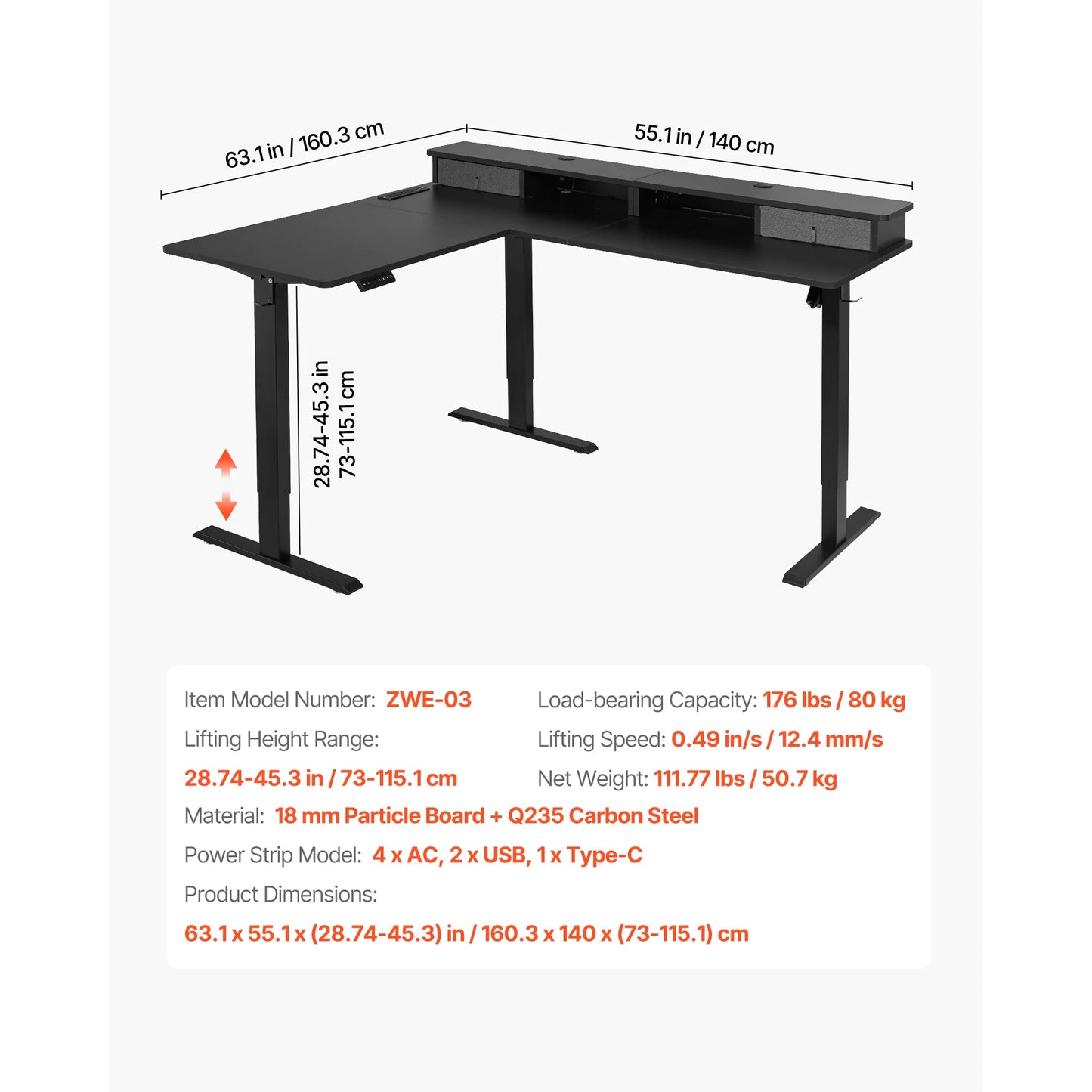 SucceBuy L Shaped Desk Electric Adjustable Height Corner Gaming Desk with Dual Hooks and Wheels for Home Office Easy to Assemble
