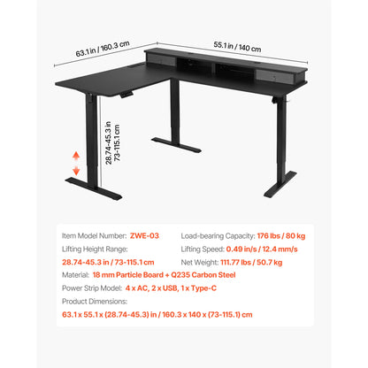 SucceBuy L Shaped Desk Electric Adjustable Height Corner Gaming Desk with Dual Hooks and Wheels for Home Office Easy to Assemble