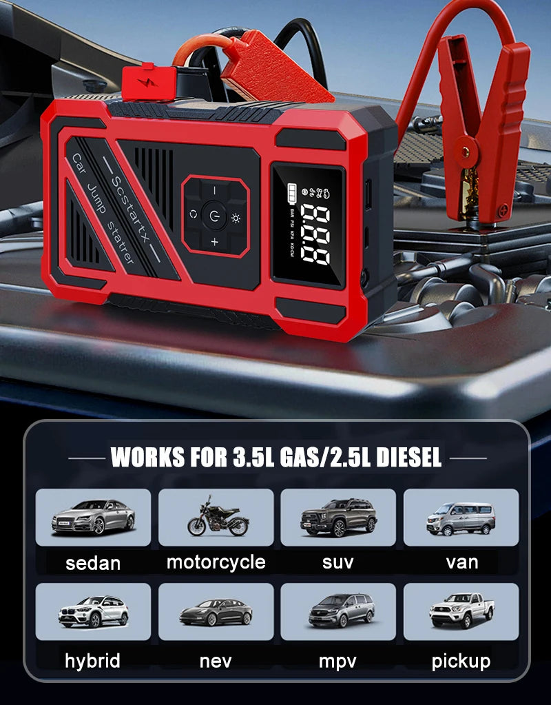 Portable 150PSI air pump, emergency car jump starter, power bank, LED lighting, air compressor,car starter suitable for all cars