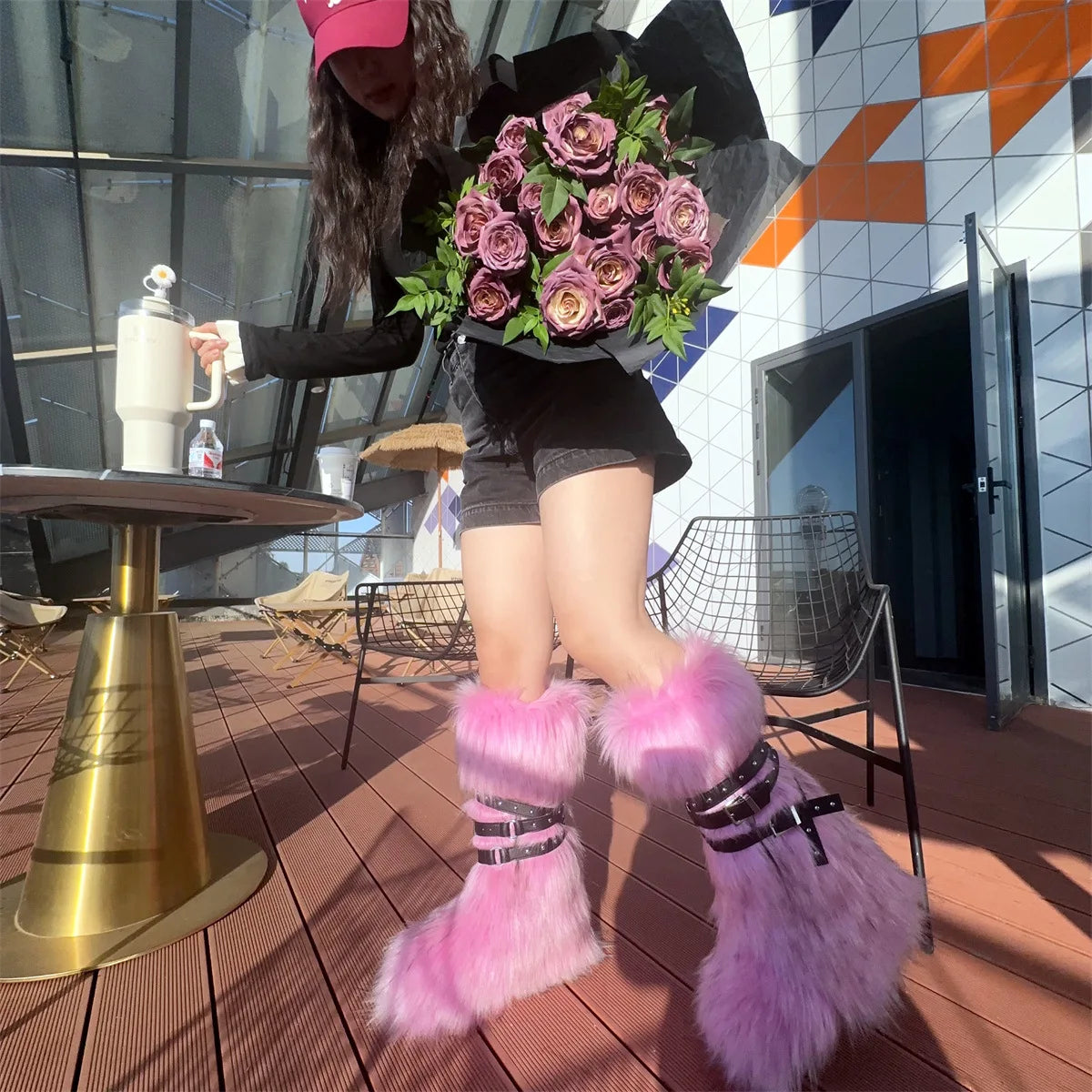 Faux Fur Knee-High Boot Round Toe Height Increasing Wild Winter Warmer Belt Buckle Slip-On Fashion Luxury Sexy Women Shoe Newest