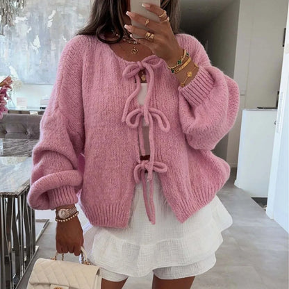 Bow Tie Front Cardigan for Women Long Sleeve Knitted Jacket Sweater Autumn Winter Knitwear Teen-girl Y2K Cute Outfit
