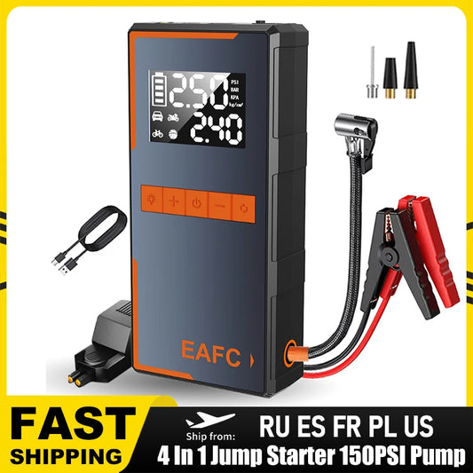 2025 Newest All-in-One Car Emergency Jump Starter & Air Pump 1200A Peak 150PSI Tire Inflator with LED Light & Power Bank