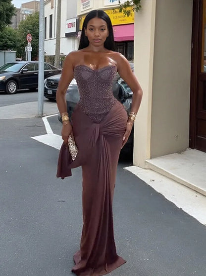 Chic Sequins Lace Up Dress Women Cinched Waist Strapless Patchwork Pleated Sleeveless Maxi Gowns 2025 Summer Evening Party Robe