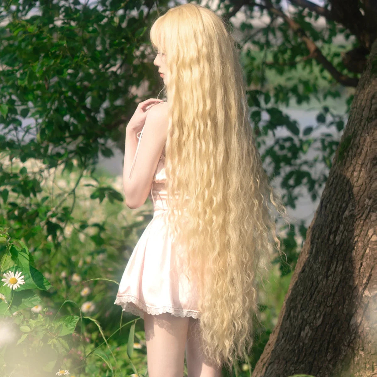 PARK YUN Extra Long Blonde Cosplay Wigs With Bangs Loose Long Curly Blonde Lolita Wig Synthetic Heat Resistant  Wig 44 Inch