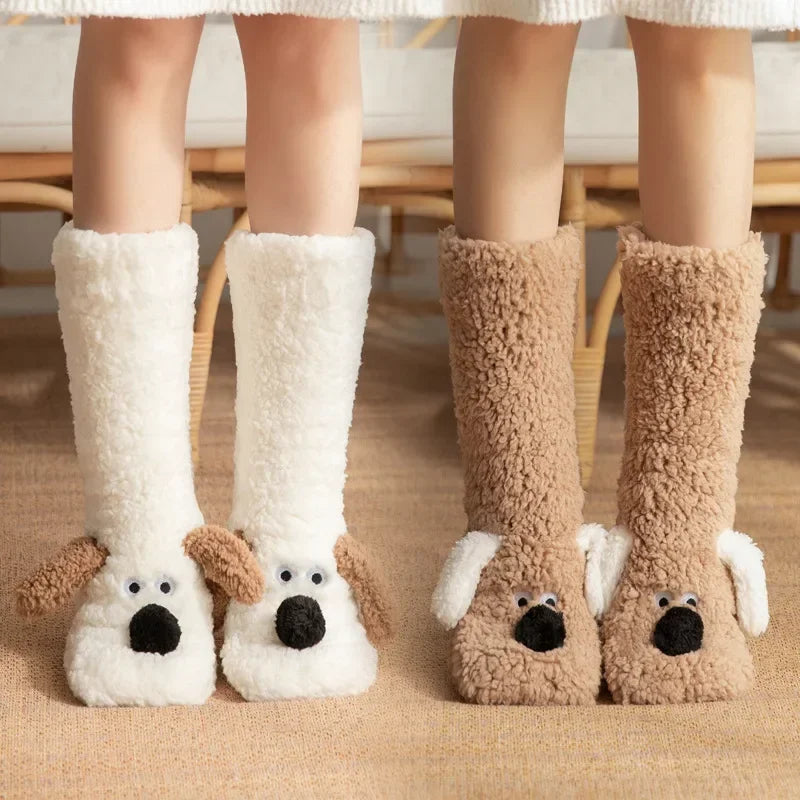 Fuzzy Fluffy Sock Women Cartoon 3D Dog Winter Warm Plush Non slip Home Sleeping Soft Female Floor Thermal Funny Slipper Sock