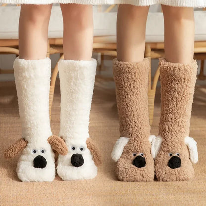 Fuzzy Fluffy Sock Women Cartoon 3D Dog Winter Warm Plush Non slip Home Sleeping Soft Female Floor Thermal Funny Slipper Sock
