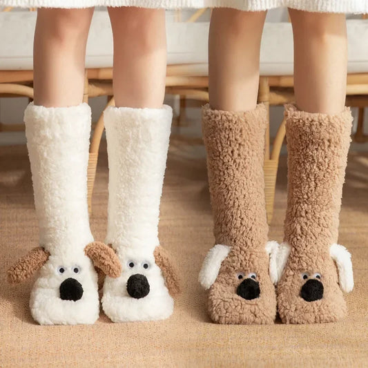 Fuzzy Fluffy Sock Women Cartoon 3D Dog Winter Warm Plush Non slip Home Sleeping Soft Female Floor Thermal Funny Slipper Sock