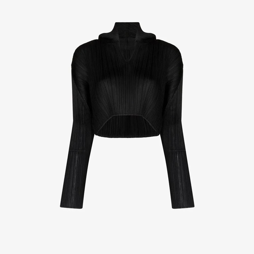 Miyake Pleated Long Sleeved Short Cropped Hoodie Black Tops