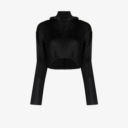 Miyake Pleated Long Sleeved Short Cropped Hoodie Black Tops