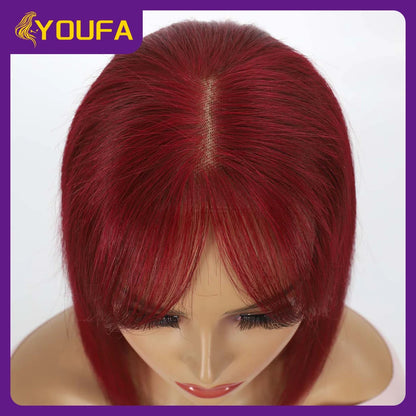 Burgundy 13x4 Lace Front Wigs With Bangs New Style 100% Brazilian Straight Human Hair Wigs Transparent Lace Frontal Bang Wigs