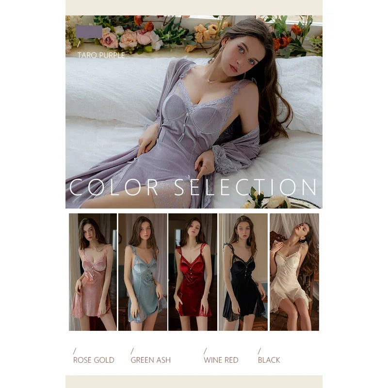 REBEYULI Sexy Sleepwear Women Deep V Solid Lace Velvet Mini Dress with Chest Pad Sweet Fly Sleeves Casual Robe Gown Set Women