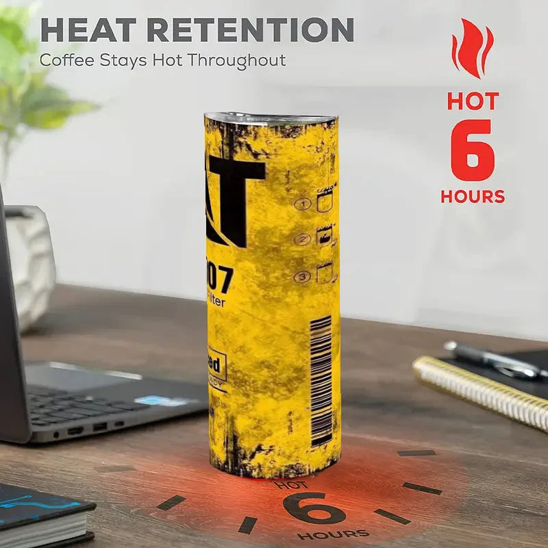 20Oz Stainless Steel Insulated Tumbler Engine Oil filter Yellow Double walled with Straw and Lid keep Cold Hot Drink Car Cup
