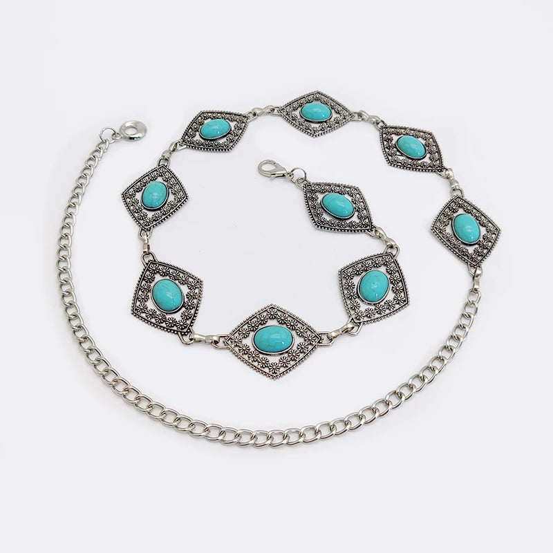 Fashion Silver Bohemian female circular waist chain luxury blue gemstone Ellipse chain belts for women suitable for Skirts dress